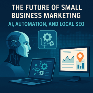 Home 18 Business owner using AI and automation tools on a laptop to improve local SEO and digital marketing performance.