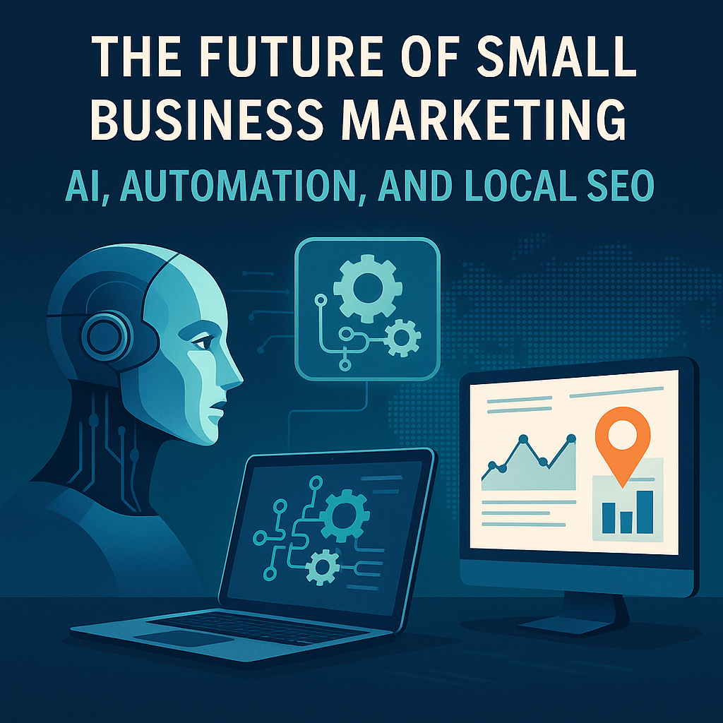 Business owner using AI and automation tools on a laptop to improve local SEO and digital marketing performance.