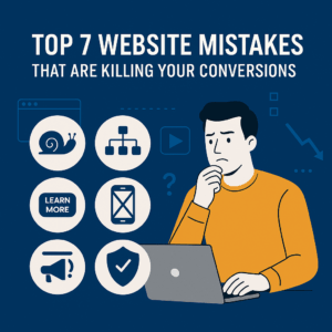 Home 20 Small business owner reviewing poor website performance and conversion rates on a laptop with icons showing slow loading, broken layout, and weak calls-to-action.