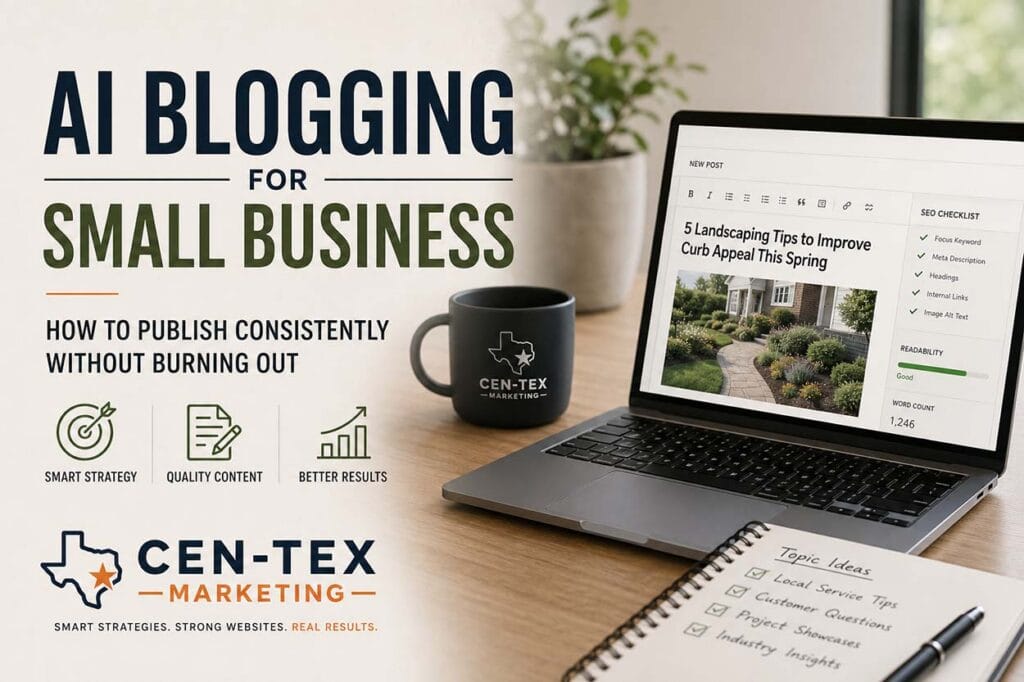 AI blogging for small business concept with neural network graphic and Cen-Tex Marketing branding