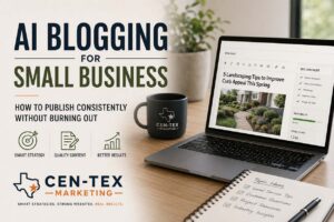 AI blogging for small business concept with neural network graphic and Cen-Tex Marketing branding