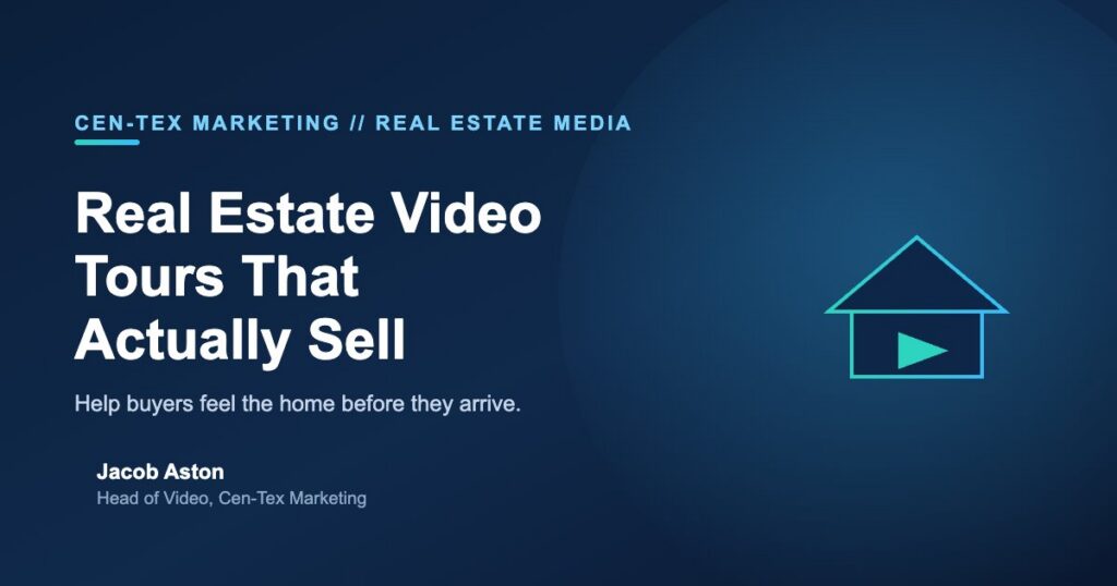 Real estate video tour graphic with house and play button