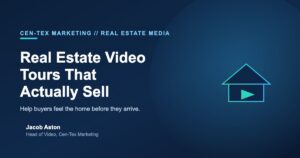 Real estate video tour graphic with house and play button