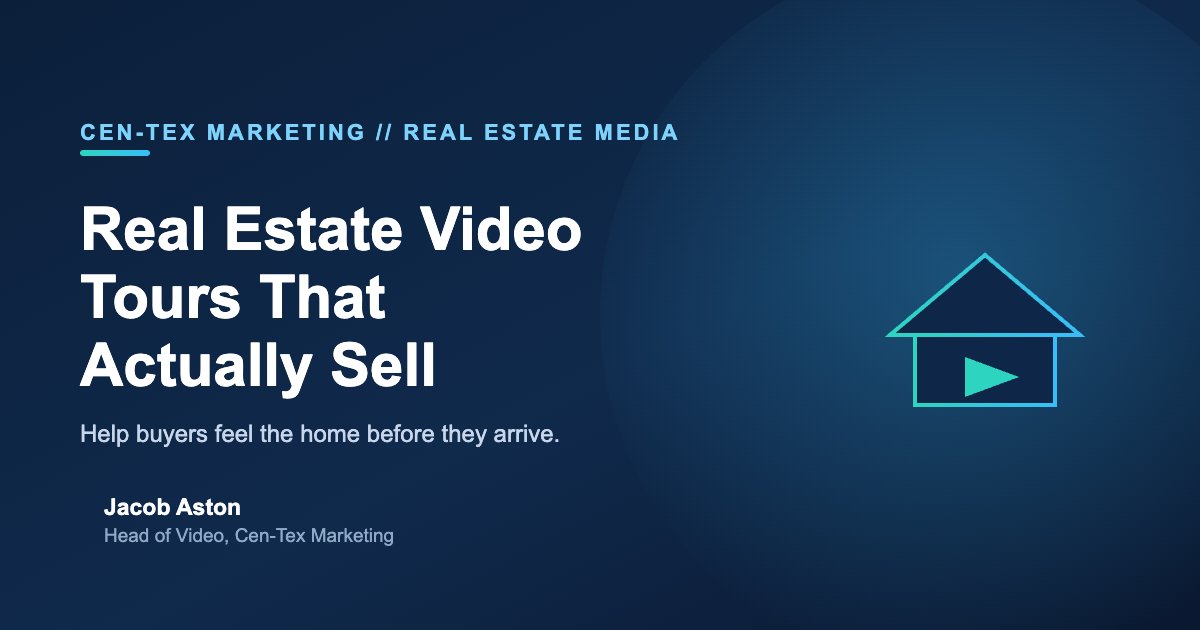 Real estate video tour graphic with house and play button