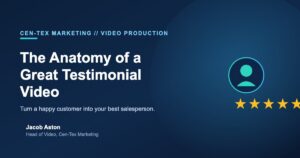 Testimonial video graphic with a customer and five stars